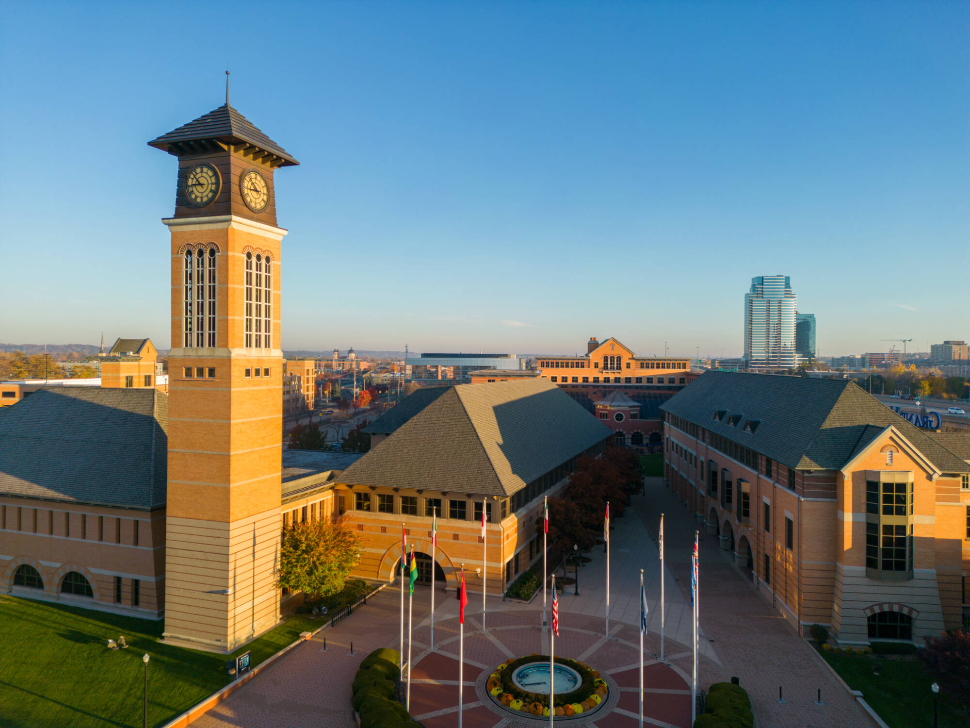 Exterior view of the Richard M. DeVos Center on Grand Valley State University's Pew Campus. Taken by Mitch Ranger using a drone during the Fall of 2022.